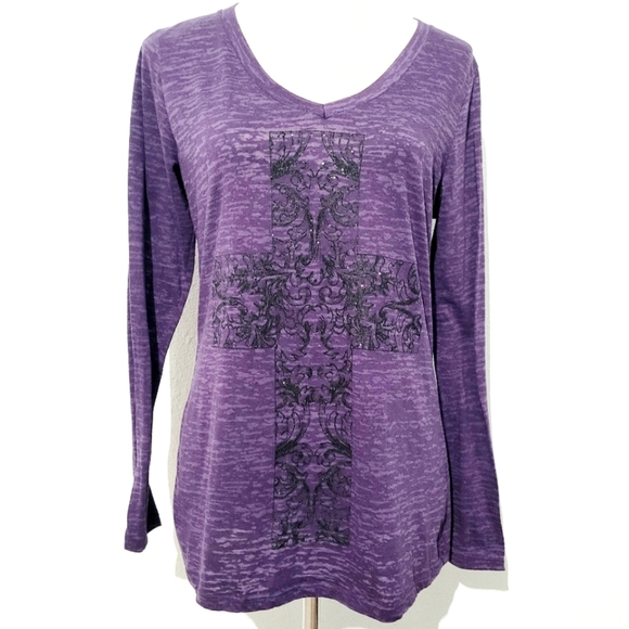 VANITY Women's Purple Burnout Long Sleeve Shirt Black Sparkle Cross Size L - Picture 1 of 9